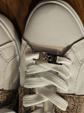 Calvin Klein White Sneakers with Brown Monogram Trim and Silver Logo Plaque